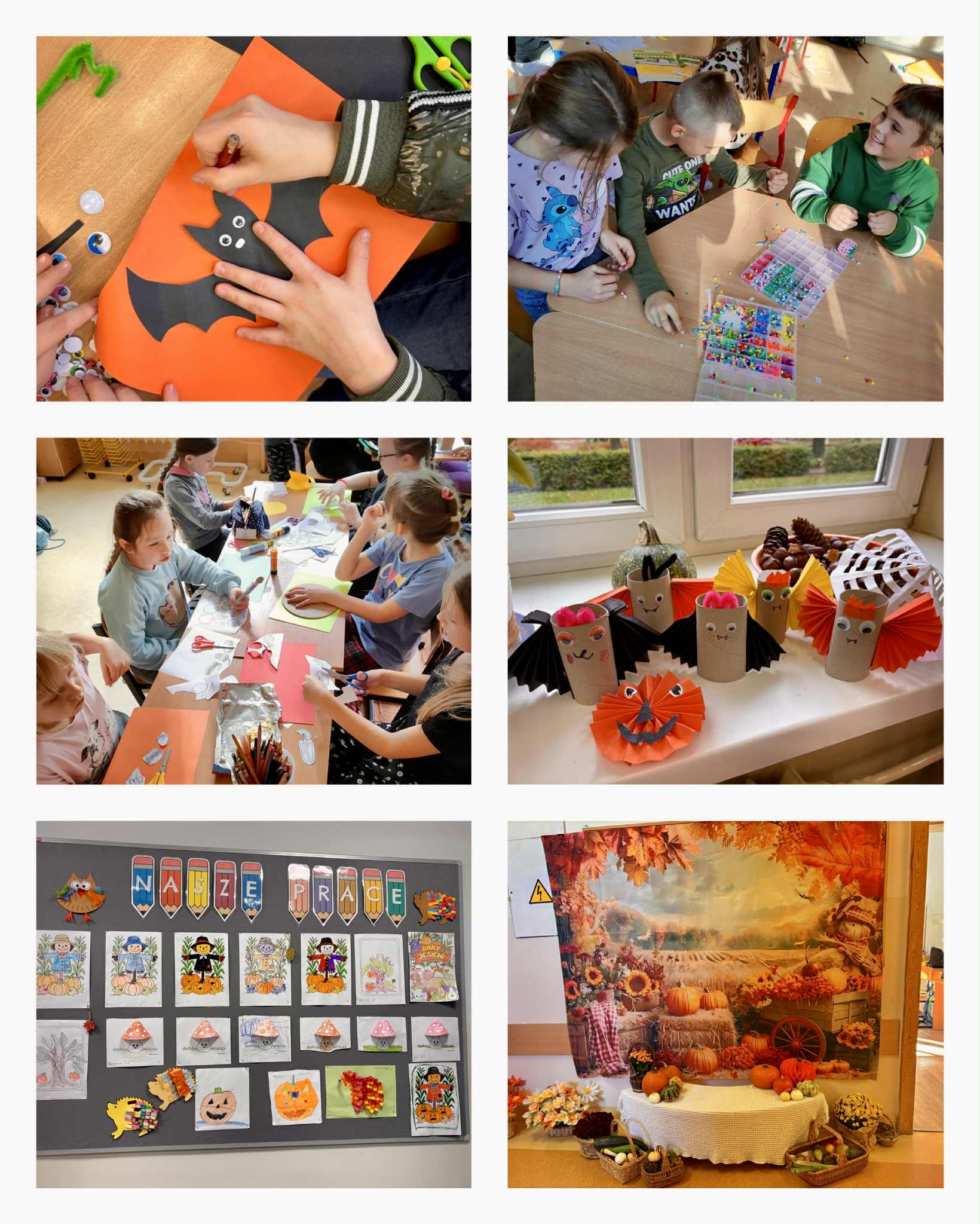 Kolaż zdjęć dzieci i prac dzieci wykonanych w świetlicy szkolnej.