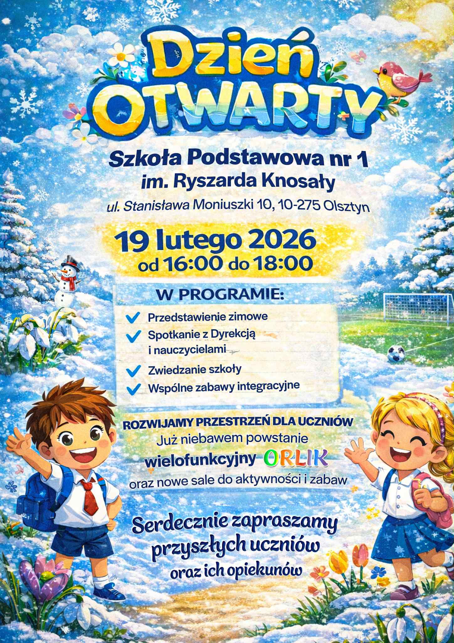 Plakat zapraszający na dzień otwarty Szkoły podstawowej nr 1 w Olsztynie