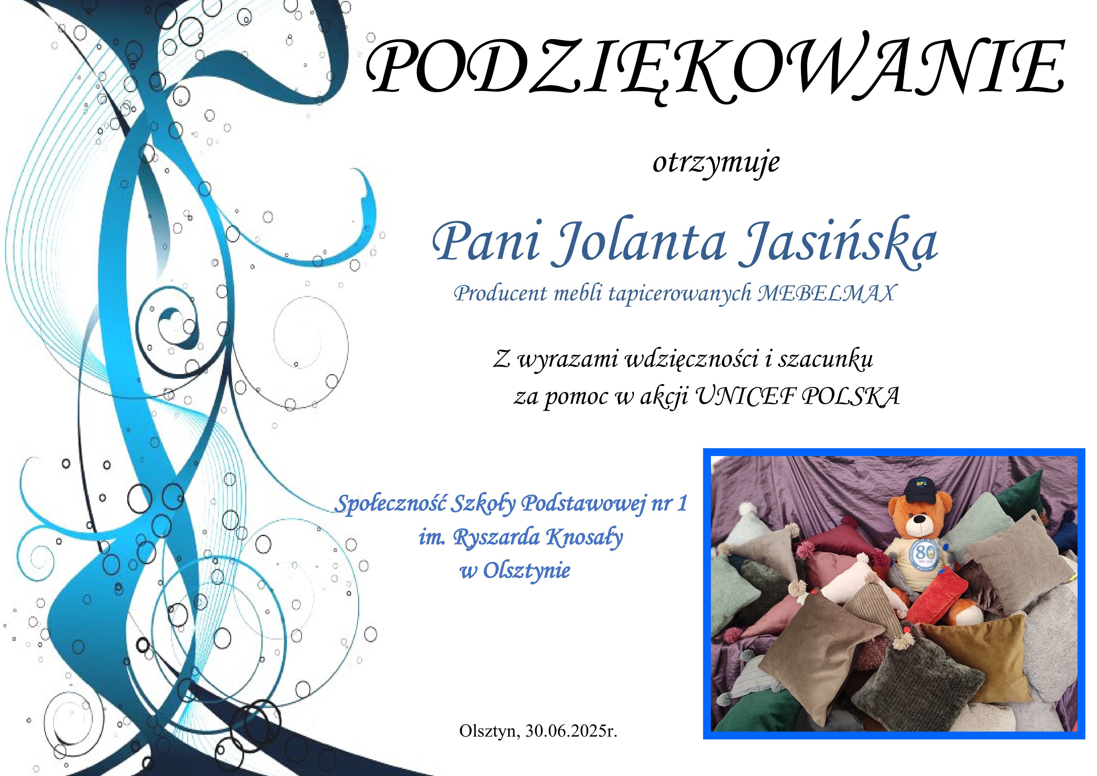 Podziękowanie za pomoc w organizacji kiermaszu poduszek