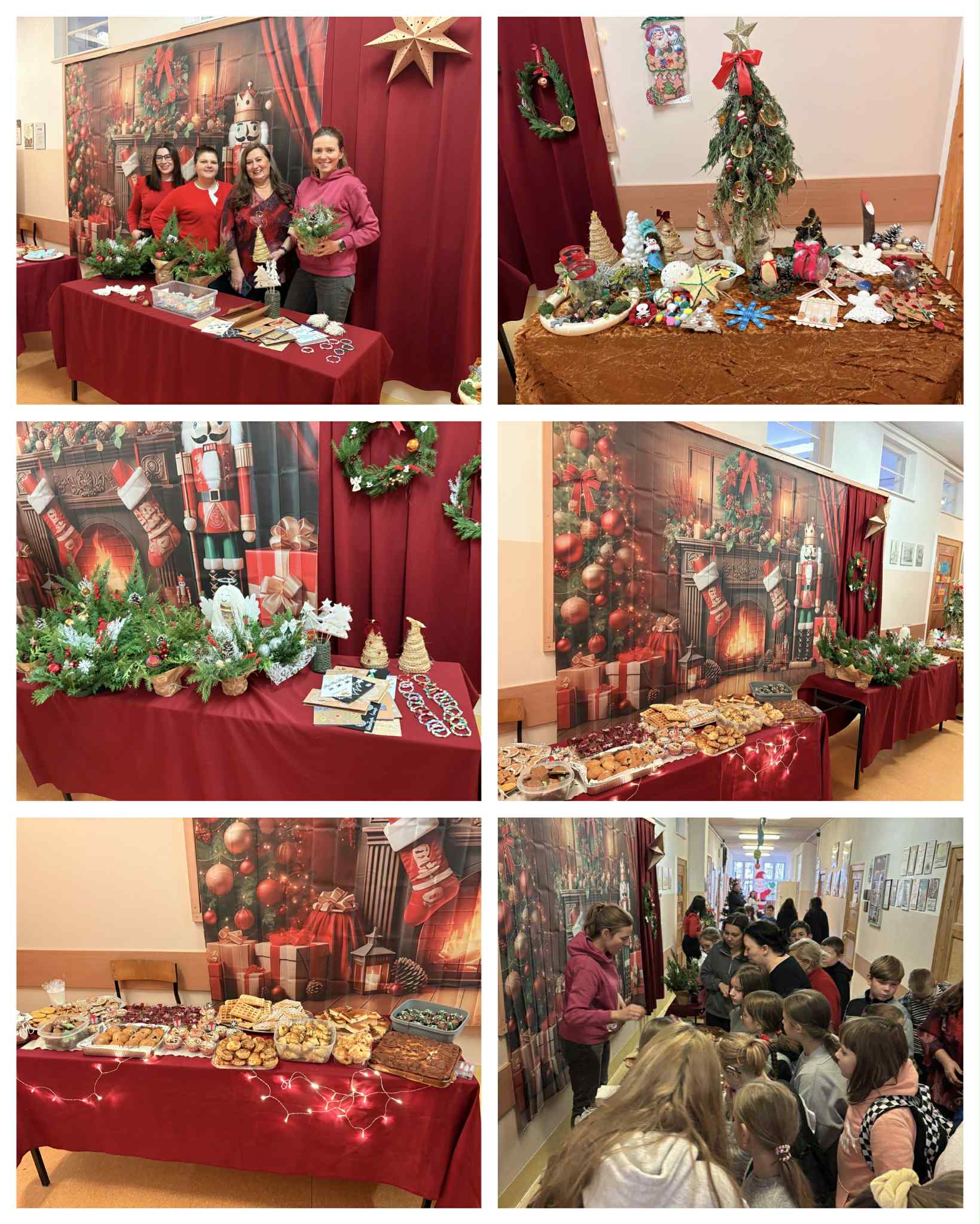 kolaż zdjęć przedstawiających kiermasz bożonarodzeniowy w szkole