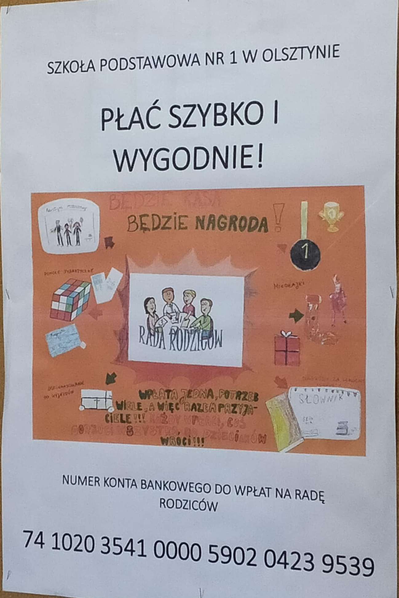 Plakat zachęcający do wpłat na Radę Rodziców szkoły