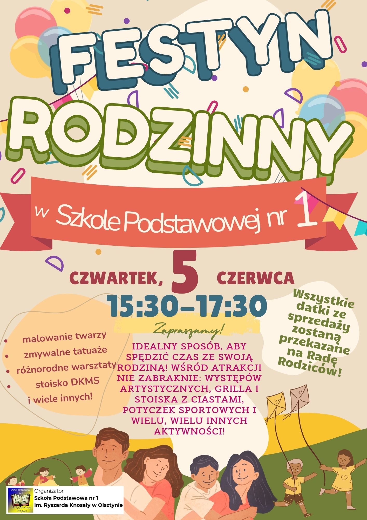 Plakat zapraszający na festyn rodzinny przy szkole podstawowej numer 1 w Olsztynie